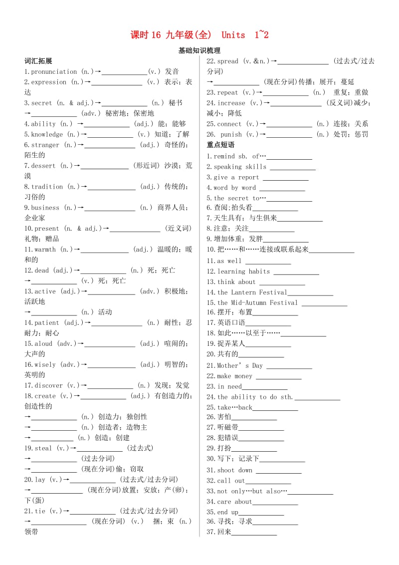 陕西省2019中考英语复习 知识梳理 课时16 九全 Units 1-2（基础知识梳理）检测.doc_第1页