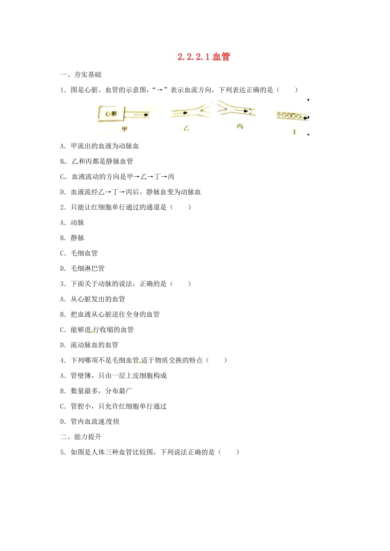 河北省七年级生物下册 2.2.2 血管同步练习 冀教版.doc_第1页