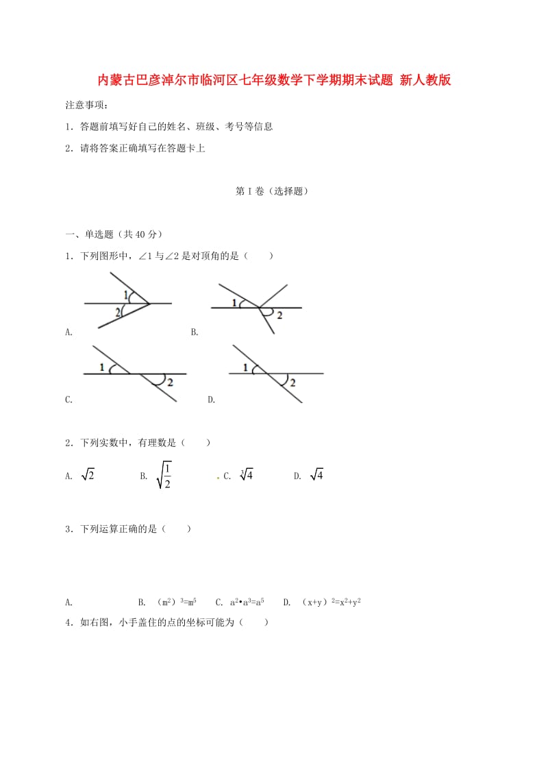 内蒙古巴彦淖尔市临河区七年级数学下学期期末试题 新人教版.doc_第1页