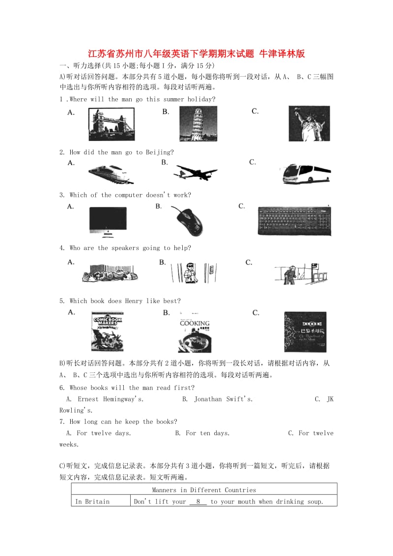 江苏省苏州市八年级英语下学期期末试题 牛津译林版.doc_第1页