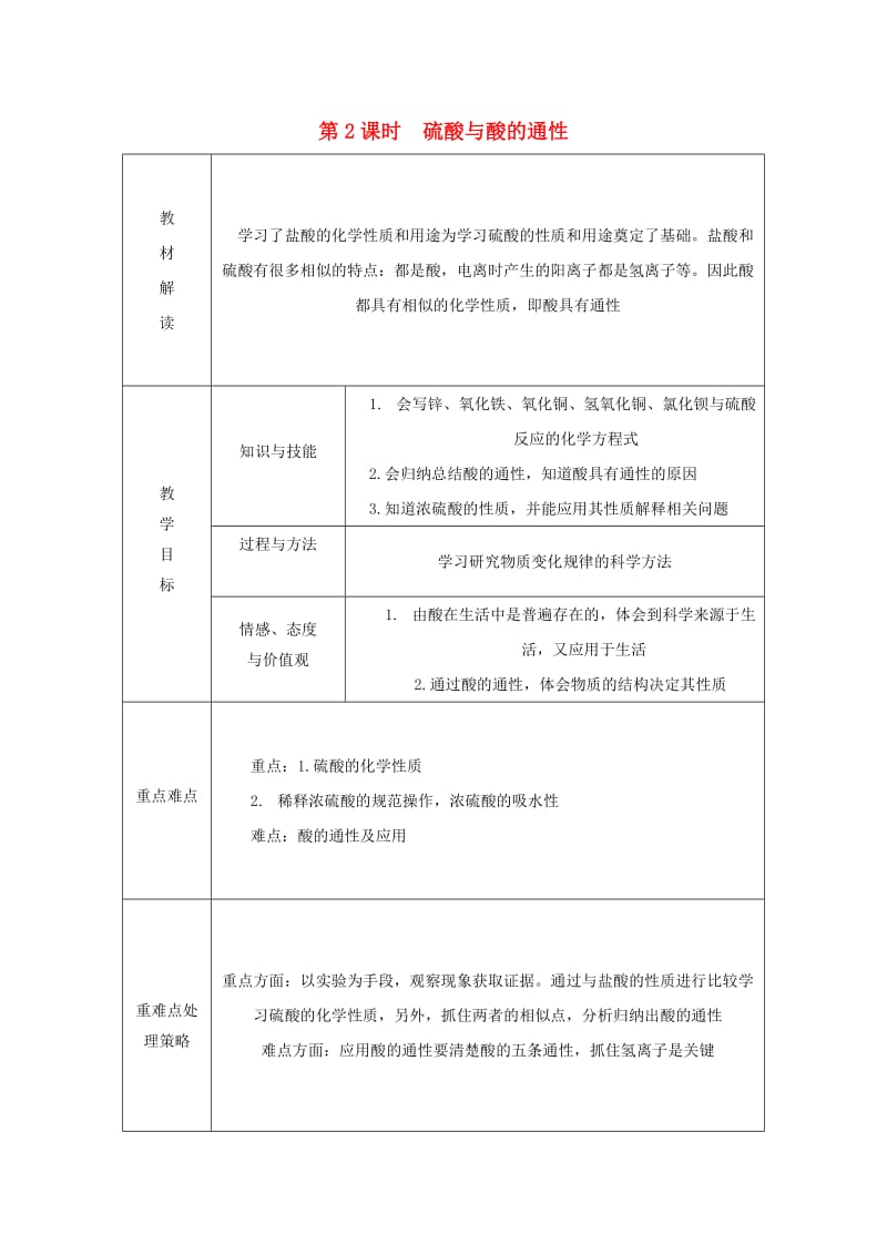 九年级科学上册 第1章 物质及其变化 第3节 常见的酸 第2课时 硫酸与酸的通性导学案浙教版.doc_第1页