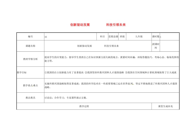 云南省中考政治第三轮复习 课题35 创新驱动发展 科技引领未来教案.doc_第1页