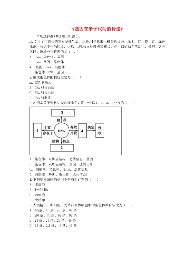 河南省永城市八年级生物下册 7.2.2《基因在亲子代间的传递》基础练习2（新版）新人教版.doc_第1页