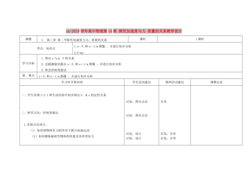 2018-2019学年高中物理第14周 探究加速度与力 质量的关系教学设计.doc_第1页