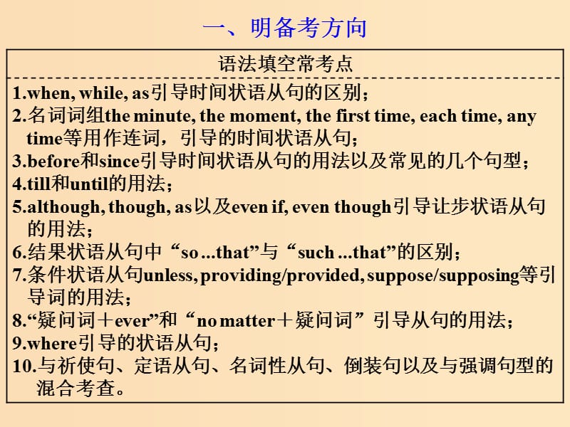 （通用版）2019高考英语二轮复习 第三板块 语法填空与短文改错 NO.2 再研考点 第二层级 第四讲 状语从句课件.ppt_第2页