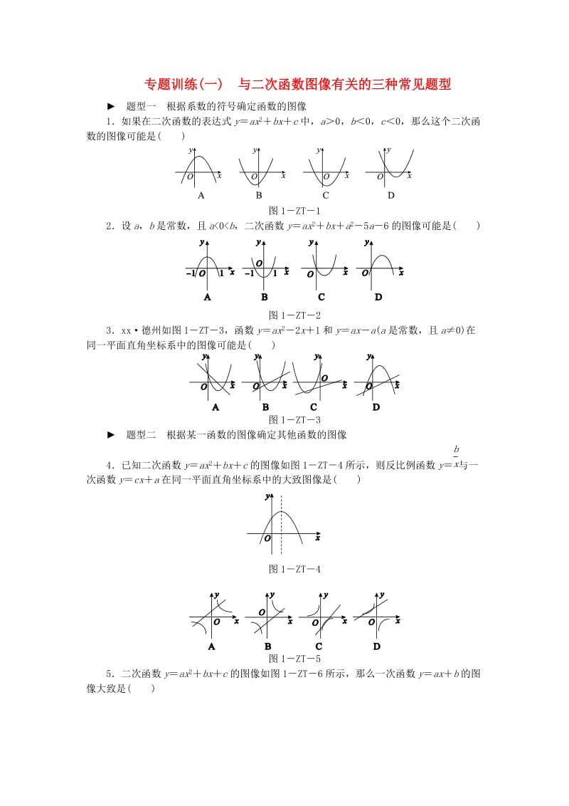 九年级数学下册 第5章 二次函数 专题训练（一）与二次函数图像有关的三种常见题型同步练习 苏科版.doc_第1页