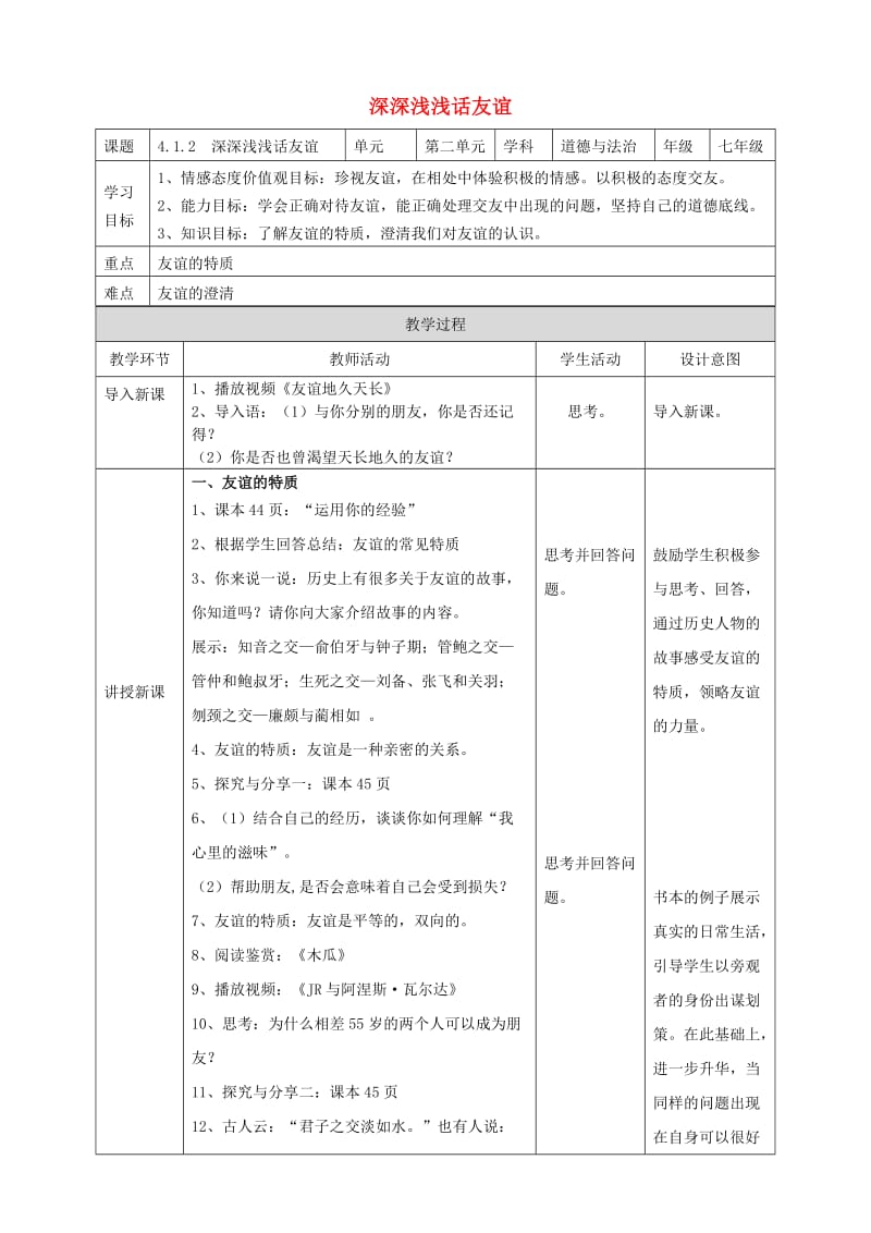 七年级道德与法治上册 第二单元 友谊的天空 第四课 友谊与成长同行 第2框深深浅浅话友谊教案 新人教版 (2).doc_第1页