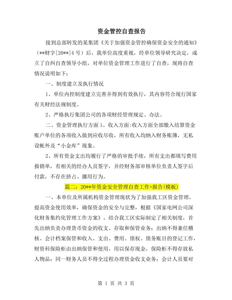 资金管控自查报告.doc_第1页