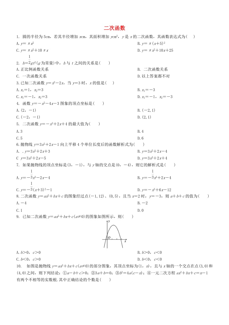 中考数学专项复习 二次函数训练题.doc_第1页