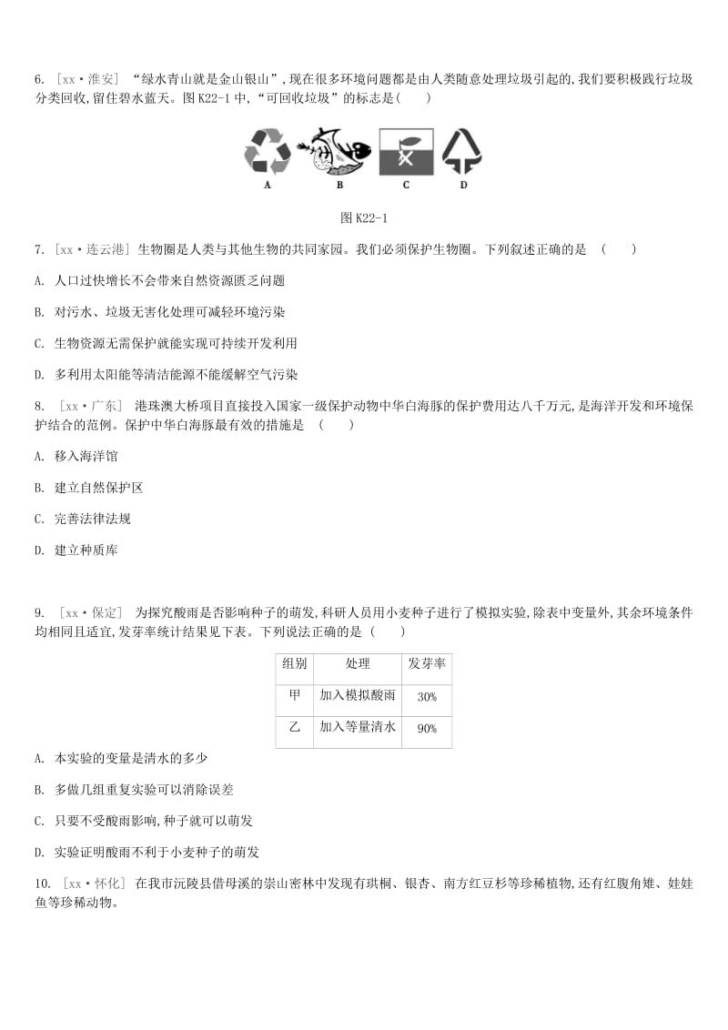 中考生物复习 第八单元 保护人类与其他生物的共同家园 课时训练22 人类活动对生物圈的影响.doc_第2页