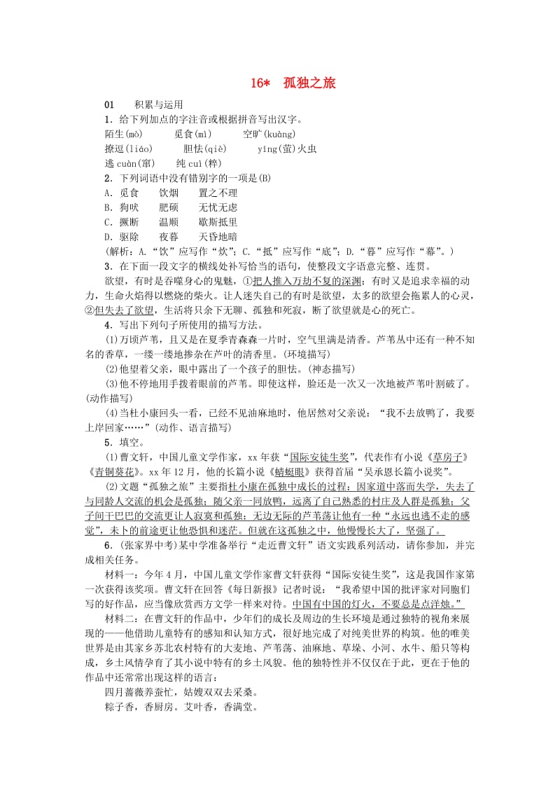 九年级语文上册16孤独之旅习题新人教版.doc_第1页