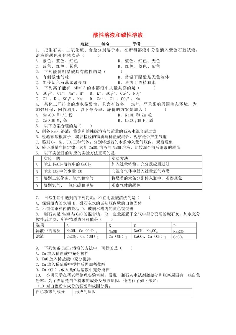 九年级化学下册 第十单元 酸和碱 常见的酸和碱 酸性溶液和碱性溶液课后微练习1 新人教版.doc_第1页