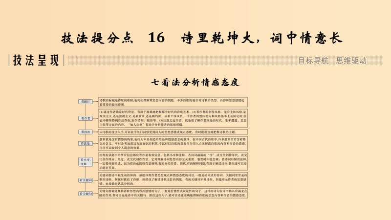 （江蘇專用）2019高考語文二輪培優(yōu) 第二部分 古代詩文閱讀 專題二 古代詩歌鑒賞 技法提分點(diǎn)16 詩里乾坤大詞中情意長課件.ppt_第1頁