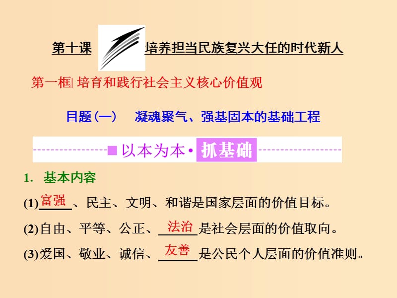 （浙江專版）2019年高中政治 第四單元 發(fā)展先進文化 第十課 文化建設(shè)的中心環(huán)節(jié) 第一框 培育和踐行社會主義核心價值觀課件 新人教版必修3.ppt_第1頁