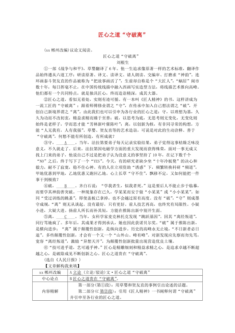 湖南省中考语文面对面 专题四 议论文阅读 匠心之道“守破离”.doc_第1页