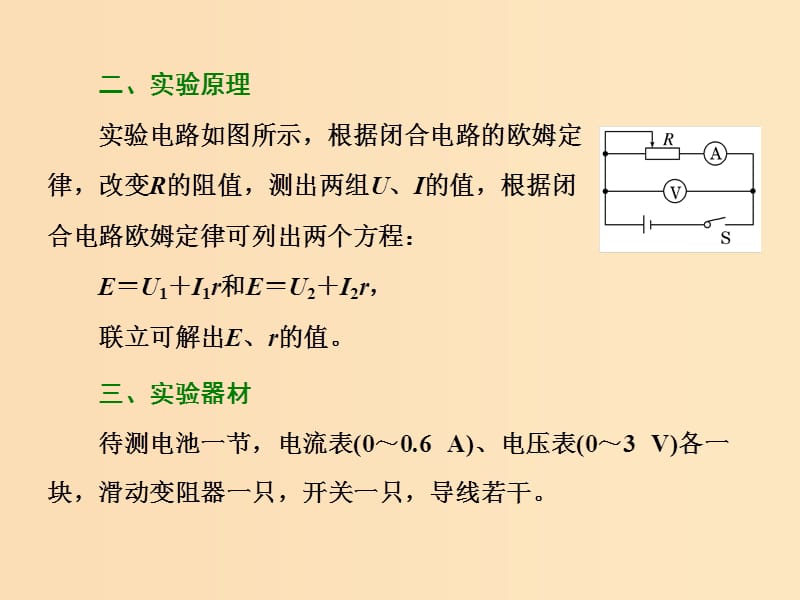 （山东省专用）2018-2019学年高中物理 第二章 恒定电流 第10节 实验 测定电池的电动势和内阻课件 新人教版选修3-1.ppt_第2页