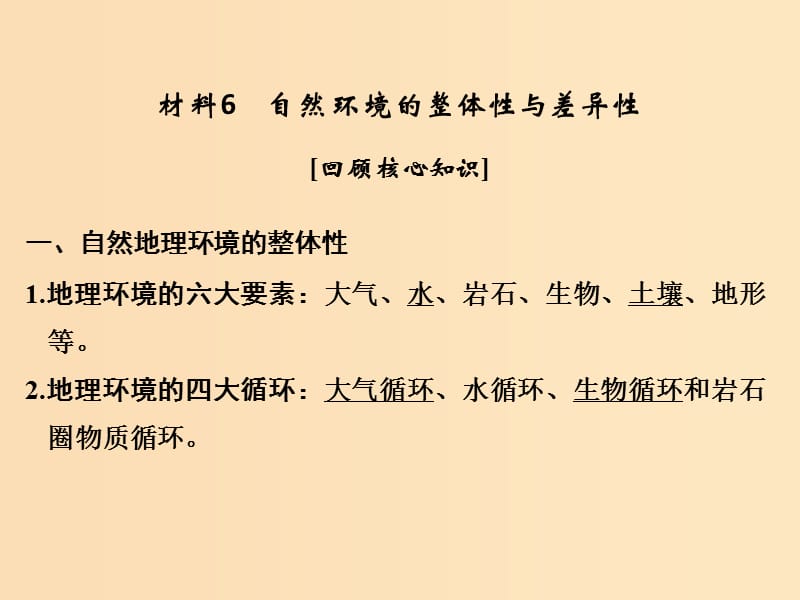 （全國通用）2018版高考地理二輪復(fù)習(xí) 第四部分 考前靜悟材料 材料6 自然環(huán)境的整體性與差異性課件.ppt_第1頁