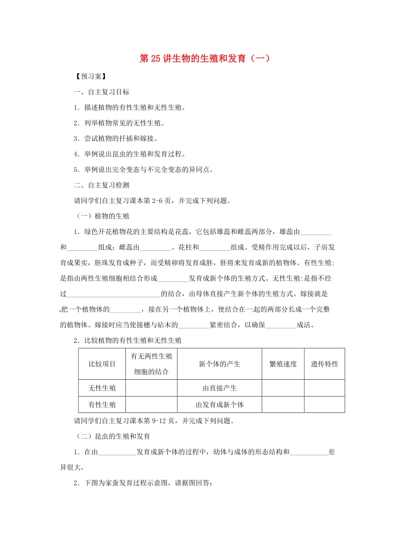 （人教通用）2019年中考生物一轮复习 第25讲 生物的生殖和发育导学案1.doc_第1页