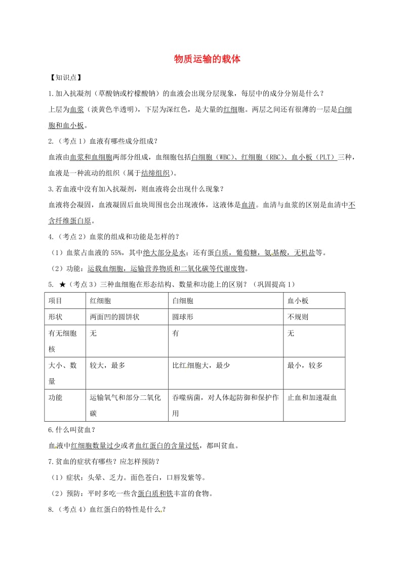 山东省安丘市七年级生物下册第三单元第三章第一节物质运输的载体知识点+巩固提高新版济南版.doc_第1页