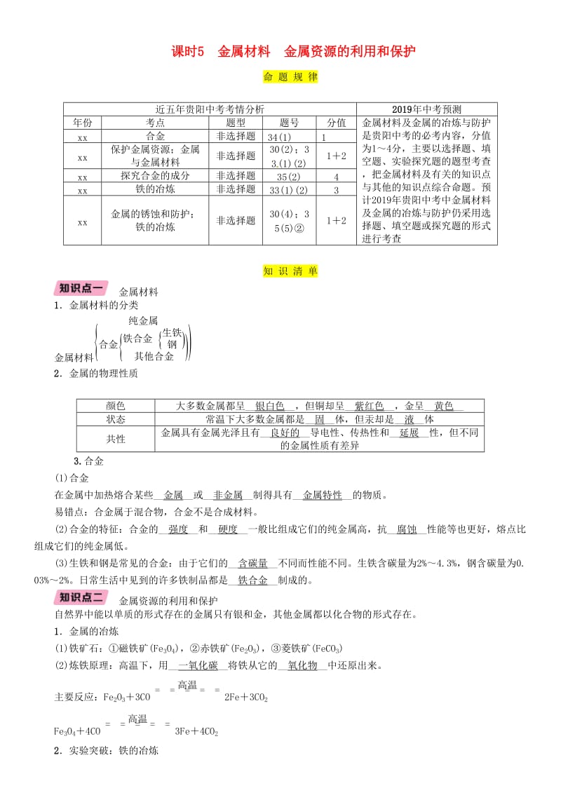 中考化学总复习 第1编 主题复习 模块1 身边的化学物质 课时5 金属材料 金属资源的利用和保护（精讲）习题.doc_第1页