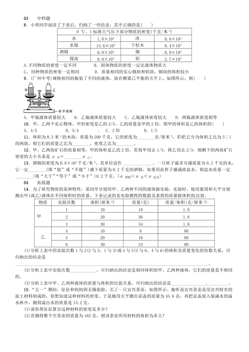 七年级科学上册 第4章 物质的特性 第3节 物质的密度 第1课时 密度习题 （新版）浙教版.doc_第2页