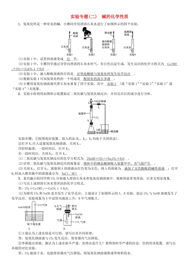 （河南专版）九年级化学下册 实验专题（二）碱的化学性质习题 （新版）新人教版.doc_第1页