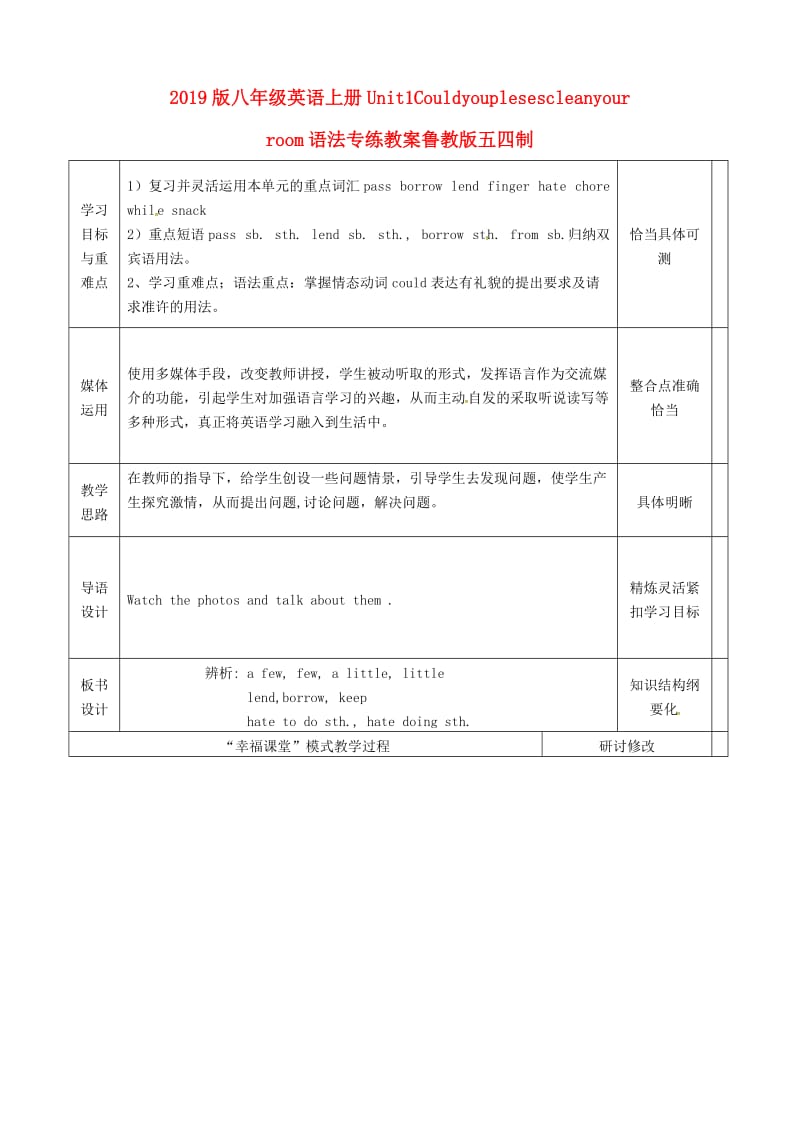 2019版八年级英语上册Unit1Couldyouplesescleanyourroom语法专练教案鲁教版五四制.doc_第1页