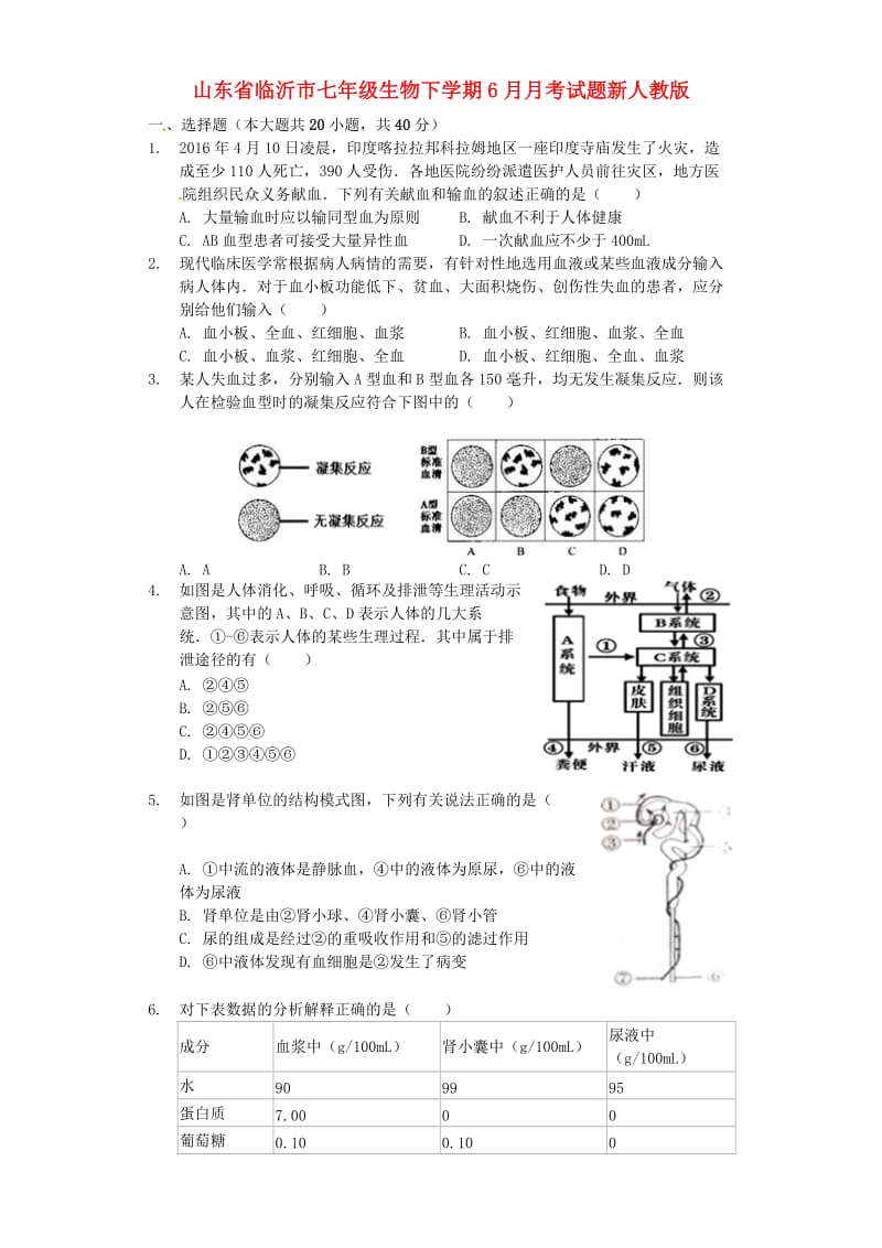 山东省临沂市七年级生物下学期6月月考试题新人教版.doc_第1页