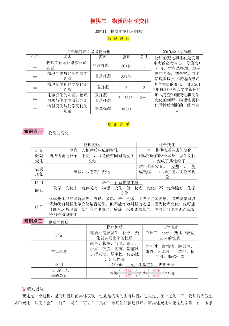 中考化学总复习 第1编 主题复习 模块3 物质的化学变化 课时11 物质的变化和性质（精讲）习题.doc_第1页