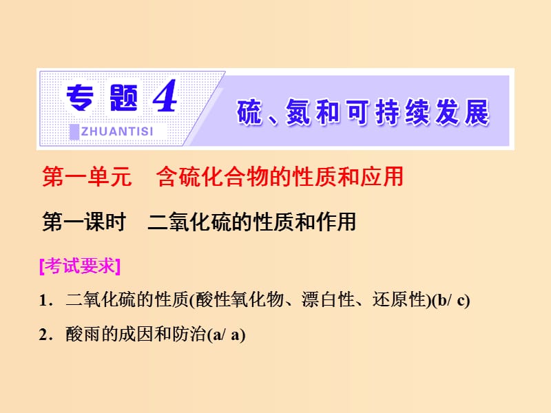 （浙江专版）2017-2018学年高中化学 专题4 硫、氮和可持续发展 第一单元 第一课时 二氧化硫的性质和作用课件 苏教版必修1.ppt_第1页