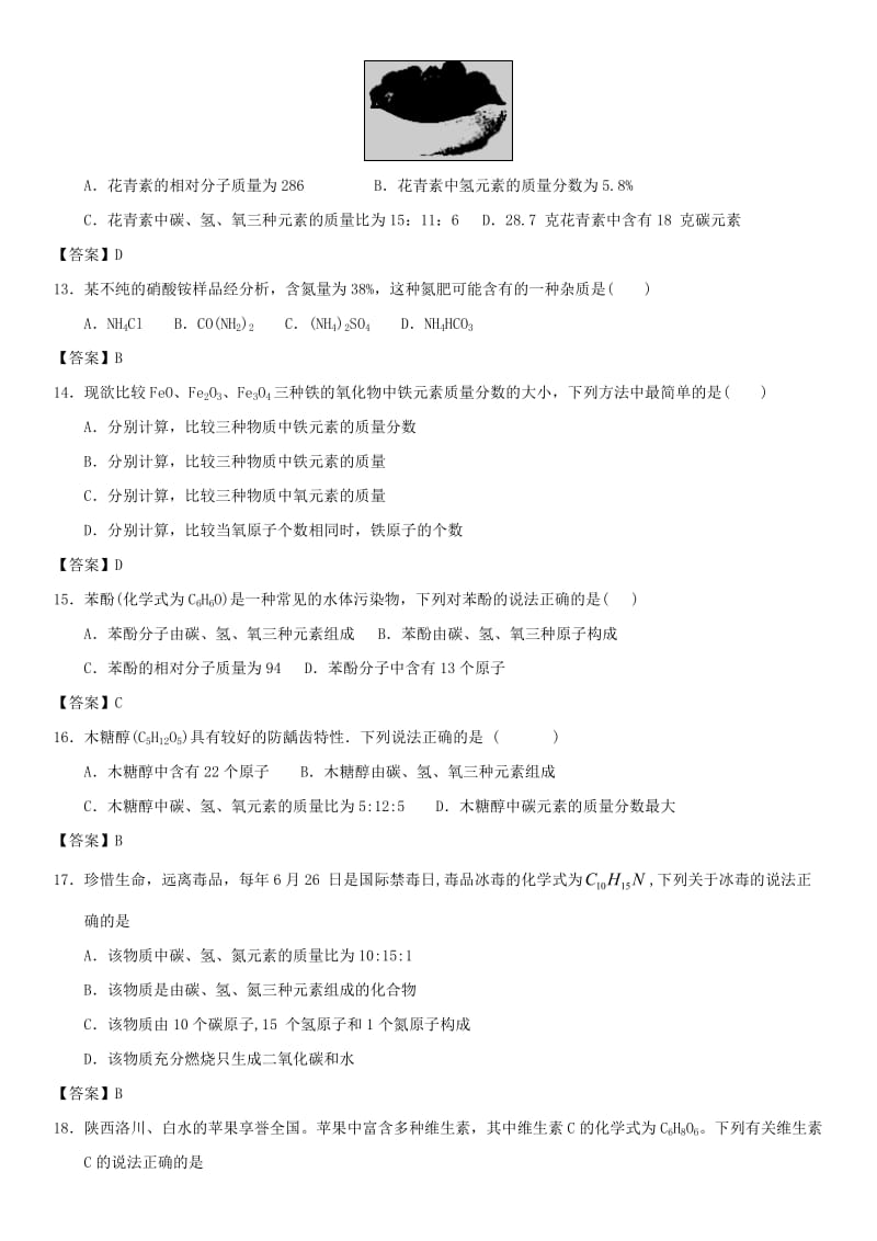 中考化学专题测试卷 有关化学式的计算.doc_第3页