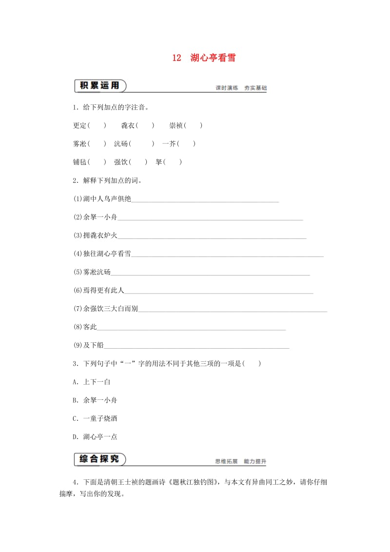 九年级语文上册第三单元12湖心亭看雪练习新人教版.doc_第1页