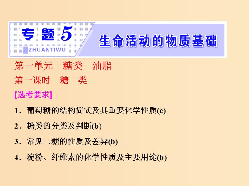 （浙江專版）2018年高中化學(xué) 專題5 生命活動的物質(zhì)基礎(chǔ) 第一單元 第一課時 糖類實用課件 蘇教版選修5.ppt_第1頁