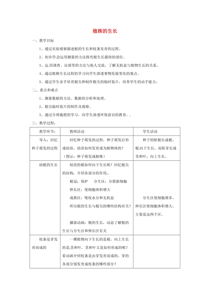 安徽省七年级生物上册 3.2.2 植株的生长教案1 （新版）新人教版.doc_第1页