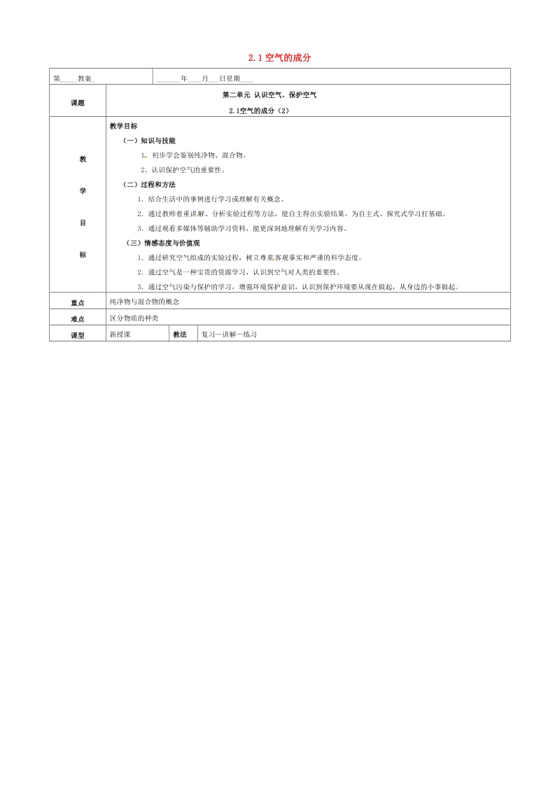 内蒙古鄂尔多斯市东胜区九年级化学上册第二章空气物质的构成2.1空气的成分2教案新版粤教版.doc_第1页