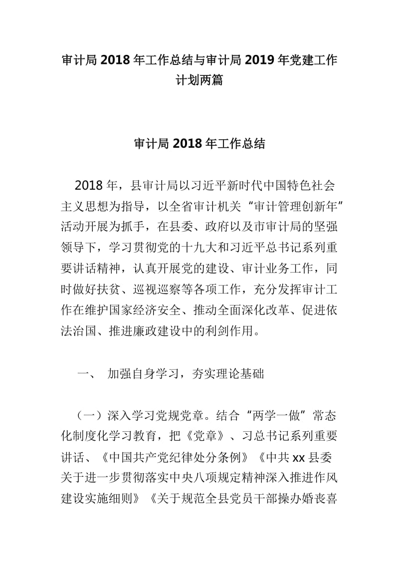 审计局2018年工作总结与审计局2019年党建工作计划两篇_第1页