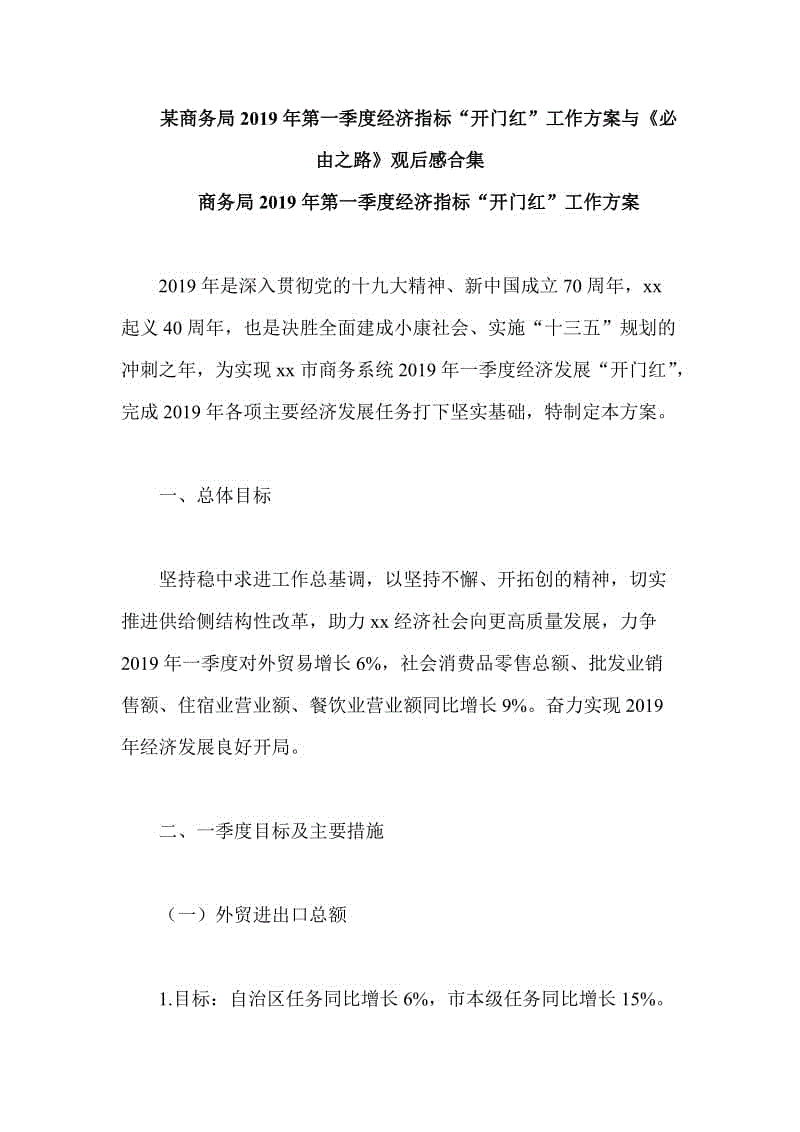 某商務(wù)局2019年第一季度經(jīng)濟(jì)指標(biāo)“開(kāi)門紅”工作方案與《必由之路》觀后感合集