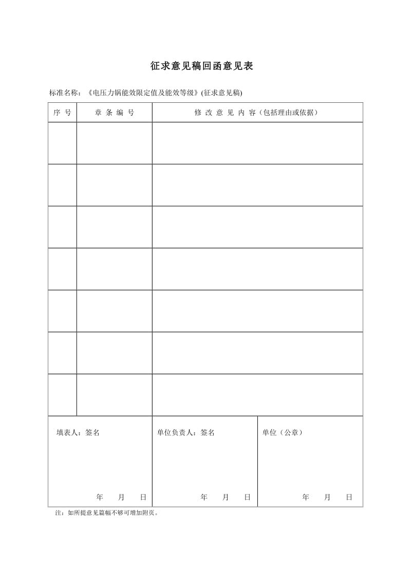 《电压力锅能效限定值及能效等级》国家标准征求意见稿意见反馈表_第1页