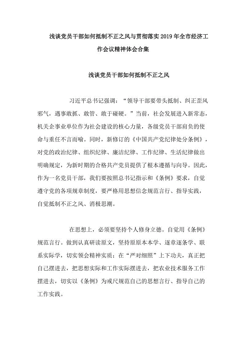 浅谈党员干部如何抵制不正之风与贯彻落实2019年全市经济工作会议精神体会合集