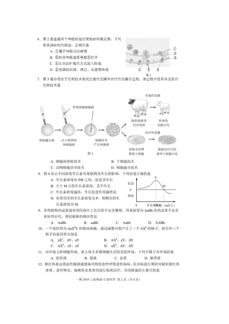 上海市杨浦区2019届高三上学期等级考模拟期末调研生物科学试题（图片版）_第2页