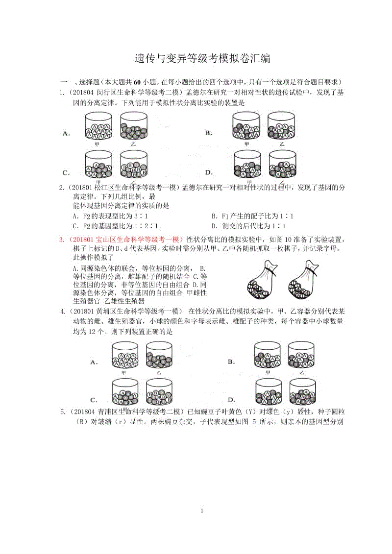 備考2019專題六遺傳與變異等級考模擬卷匯編（含答案）Word