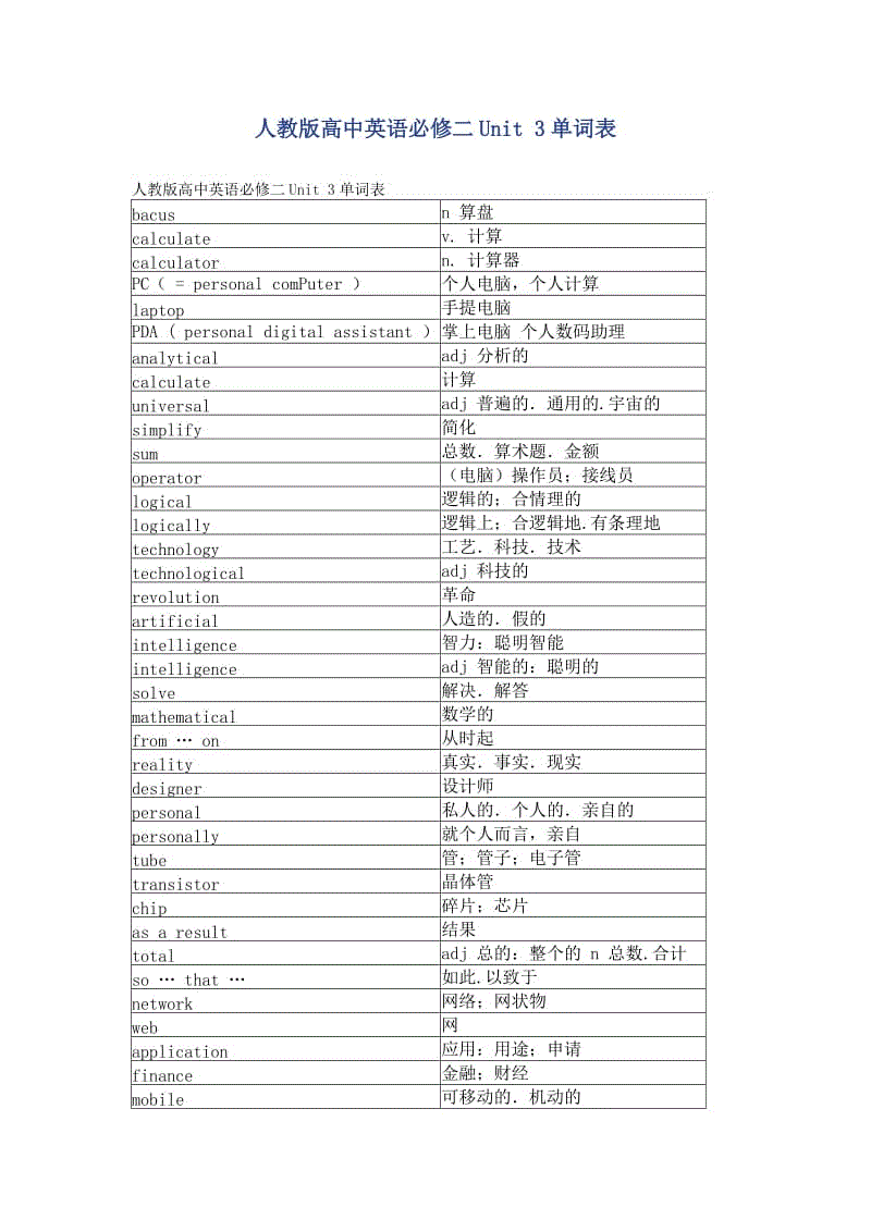 人教版高中英語必修二Unit 3單詞表