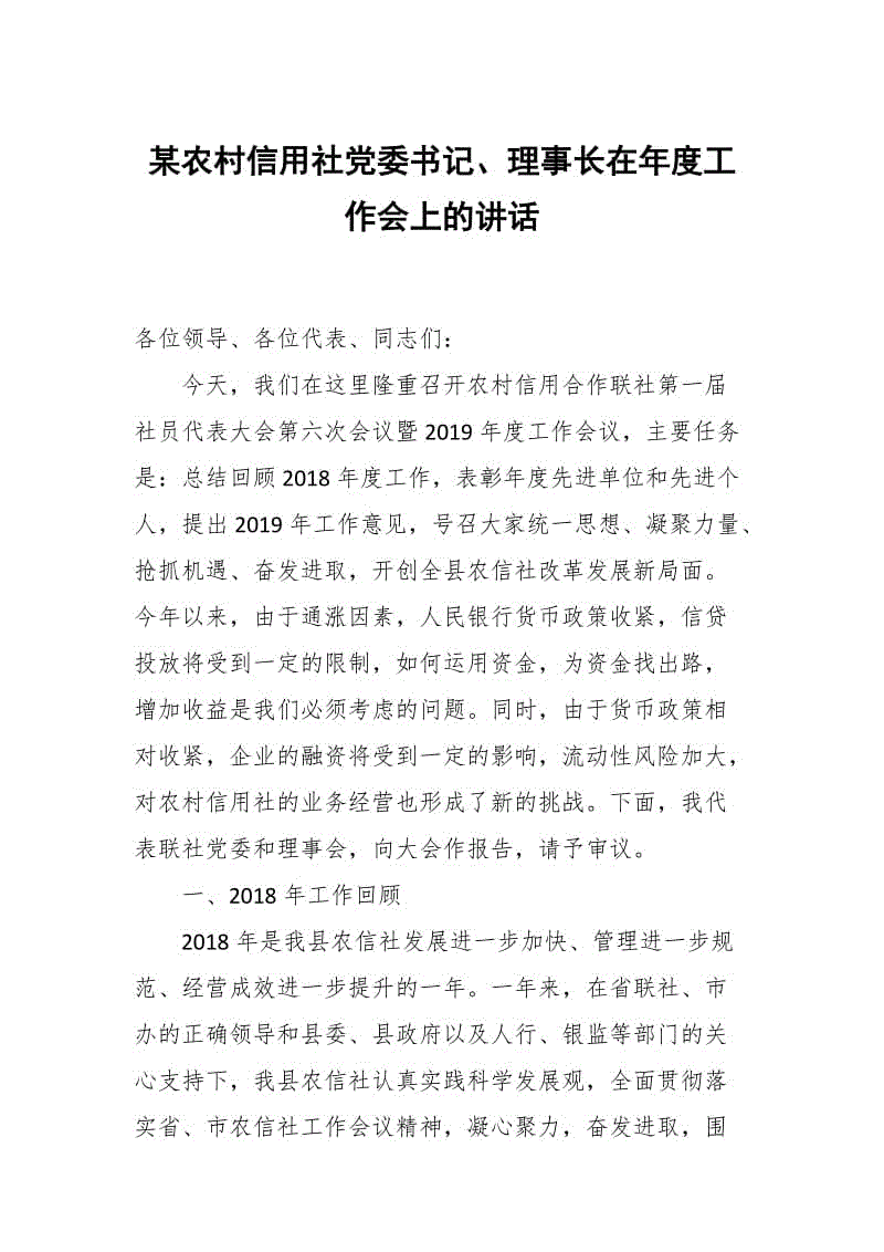 某農(nóng)村信用社黨委書(shū)記、理事長(zhǎng)在年度工作會(huì)上的講話