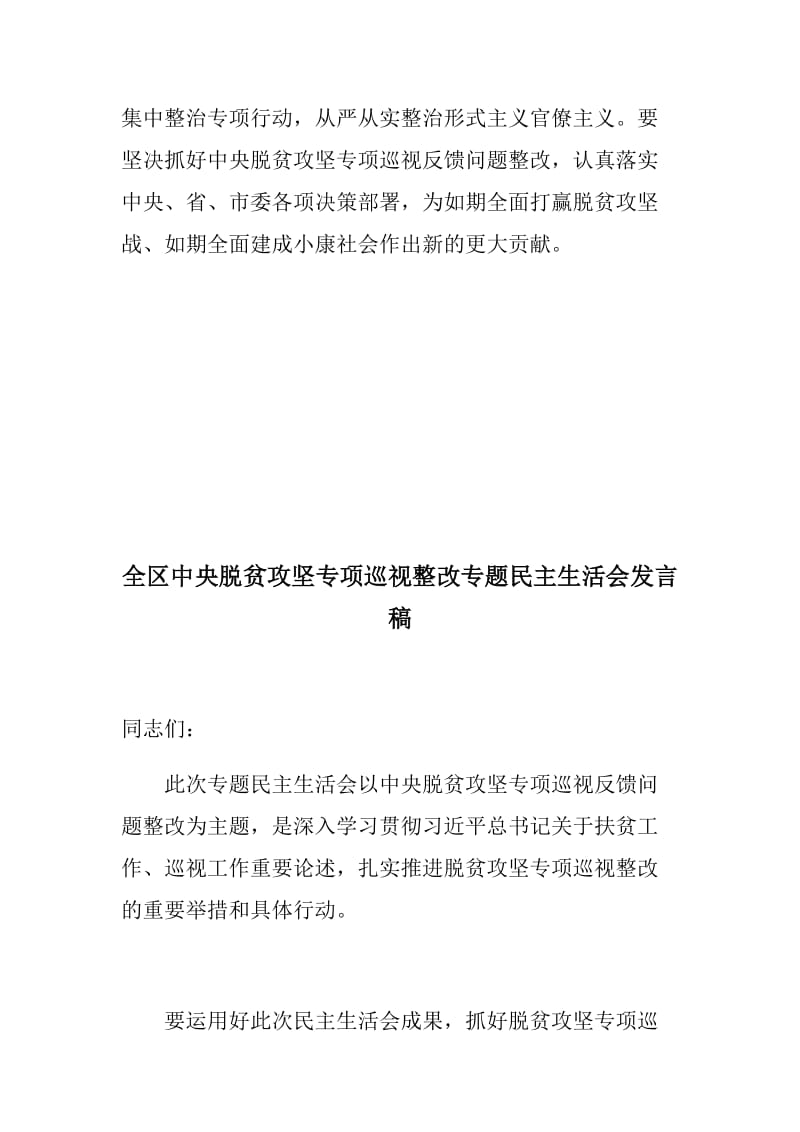 【党建材料】全市脱贫攻坚专项巡视整改专题民主生活会发言稿+ 全区中央脱贫攻坚专项巡视整改专题民主生活会发言稿_第2页