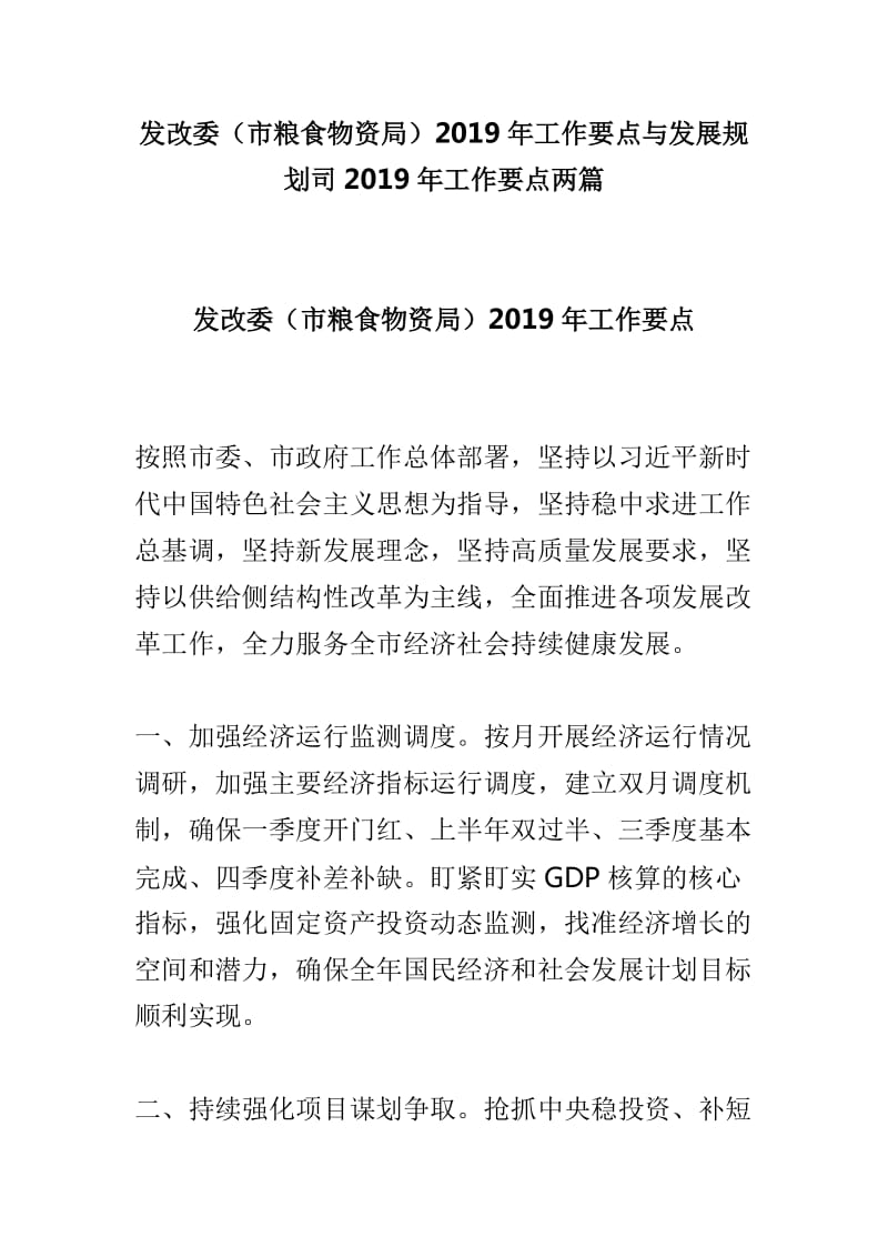 发改委（市粮食物资局）2019年工作要点与发展规划司2019年工作要点两篇_第1页