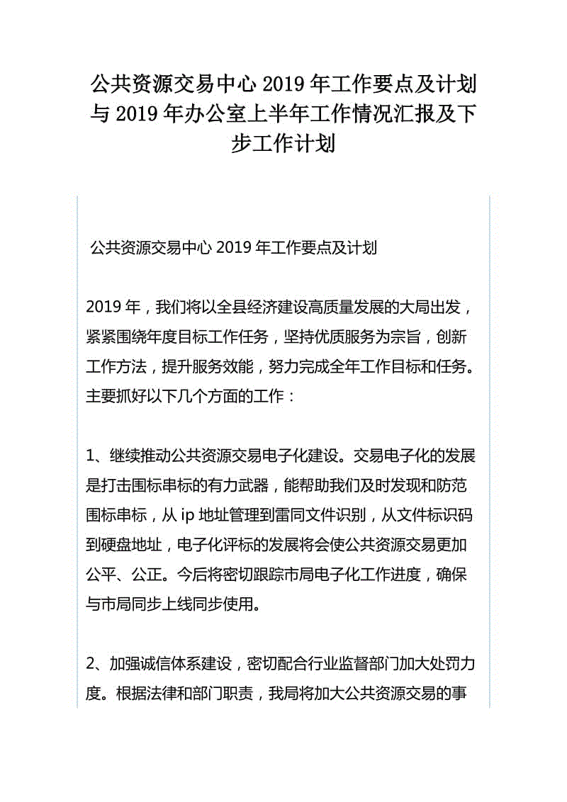 公共資源交易中心2019年工作要點(diǎn)及計(jì)劃與2019年辦公室上半年工作情況匯報(bào)及下步工作計(jì)劃