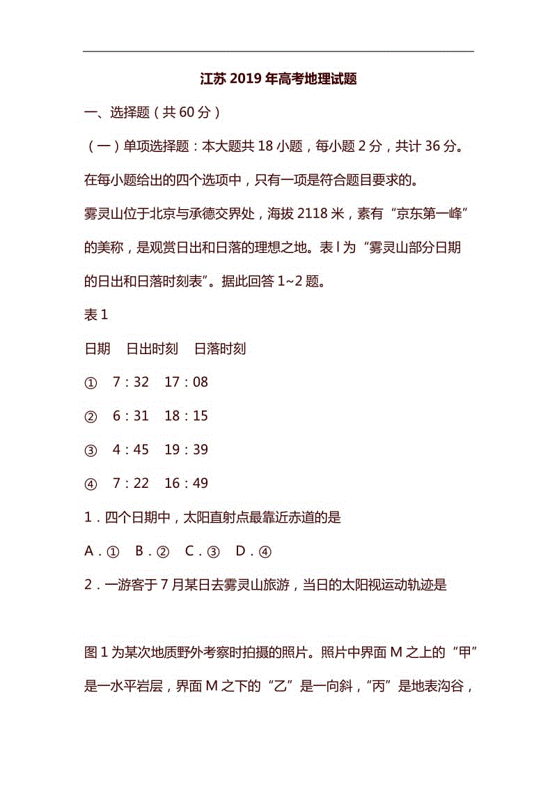 江蘇2019年高考地理試題