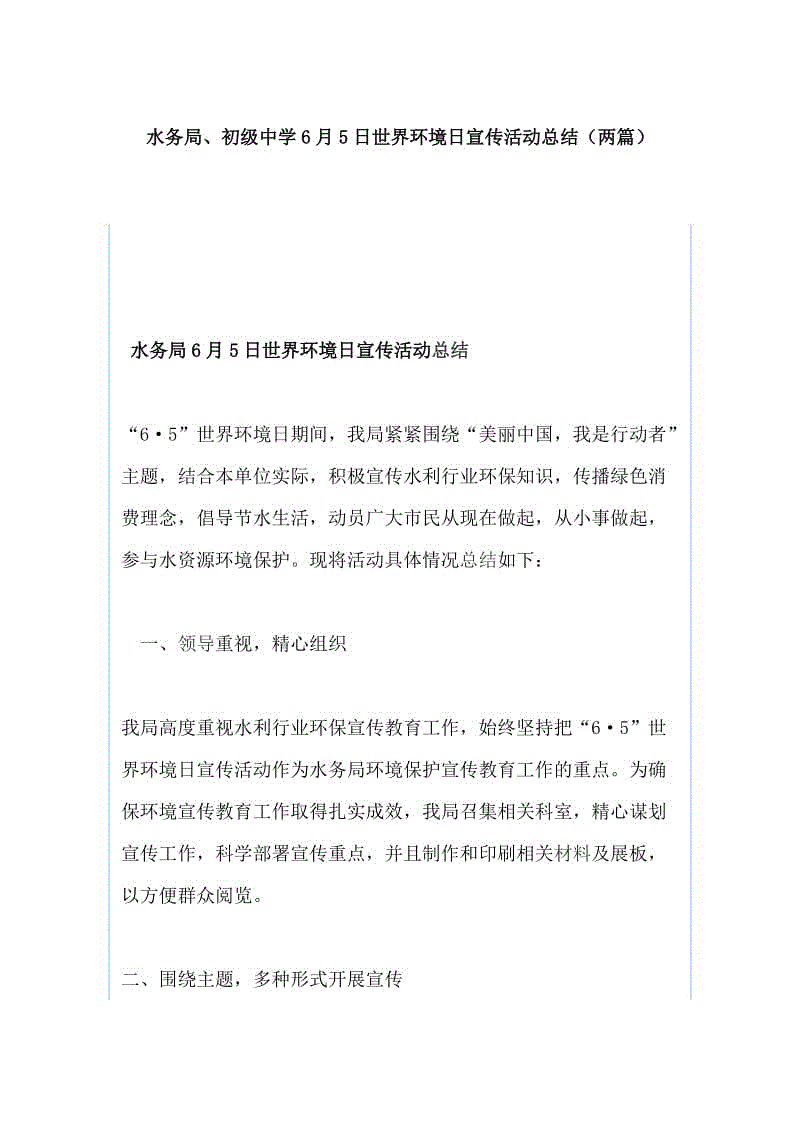 水務(wù)局、初級(jí)中學(xué)6月5日世界環(huán)境日宣傳活動(dòng)總結(jié)（兩篇）