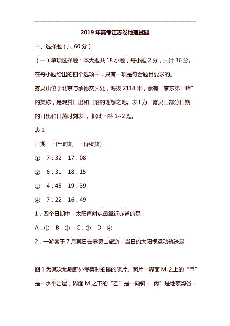 2019年高考江蘇卷地理試題