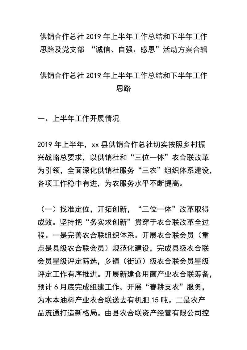 供销合作总社2019年上半年工作总结和下半年工作思路及党支部 “诚信、自强、感恩”活动方案合辑_第1页